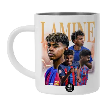lamine yamal FCB, Λευκή Ανοξείδωτη Μεταλλική Κούπα 450ml - Διπλού Τοιχώματος 