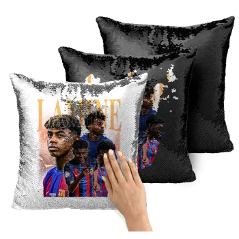 lamine yamal FCB, Μαξιλάρι καναπέ Μαγικό Μαύρο με πούλιες 40x40cm περιέχεται το γέμισμα