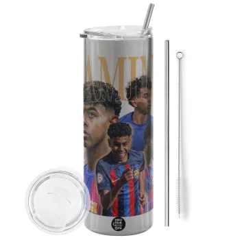 lamine yamal FCB, Tumbler ποτήρι θερμό Ασημένιο από ανοξείδωτο ατσάλι 600ml, με μεταλλικό καλαμάκι & βούρτσα καθαρισμού