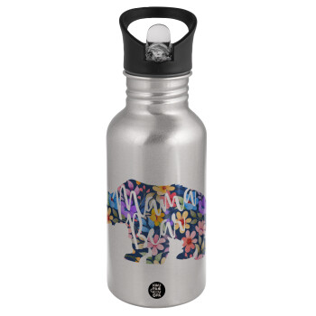Mama Bear floral, Water bottle Silver with straw, stainless steel 500ml