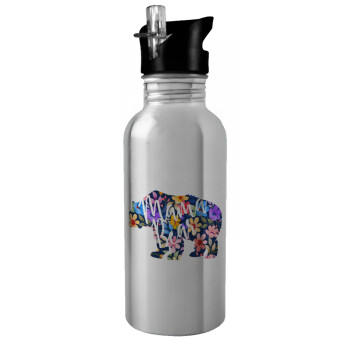 Mama Bear floral, Water bottle Silver with straw, stainless steel 600ml
