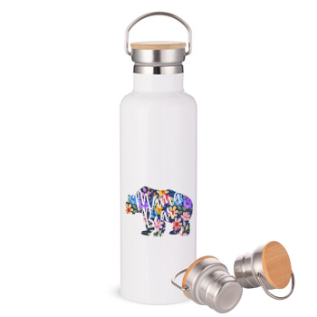 Mama Bear floral, Stainless steel White with wooden lid (bamboo), double wall, 750ml