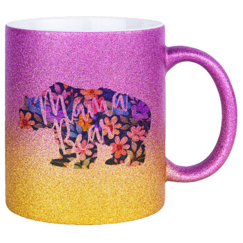 Mama Bear floral, Κούπα Χρυσή/Ροζ Glitter, κεραμική, 330ml