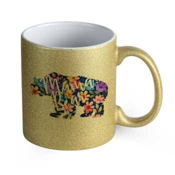 Mama Bear floral, Κούπα Χρυσή Glitter που γυαλίζει, κεραμική, 330ml