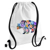 Mama Bear floral, Τσάντα πλάτης πουγκί GYMBAG λευκή, με τσέπη (40x48cm) & χονδρά κορδόνια