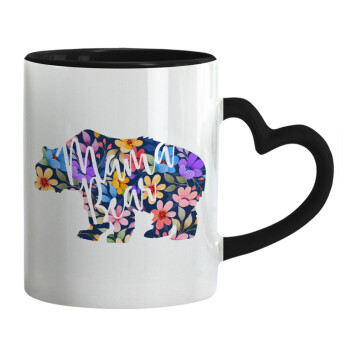 Mama Bear floral, Κούπα καρδιά χερούλι μαύρη, κεραμική, 330ml