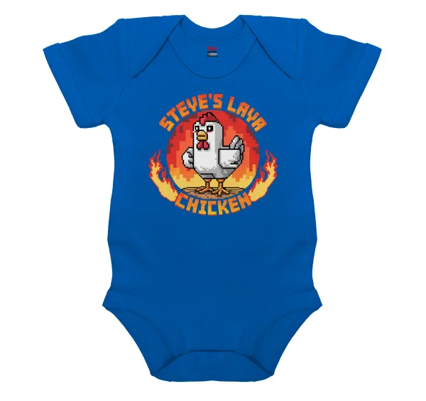 Steve's Lava Chicken — Short-sleeve baby bodysuit, cobalt blue, 100% organic cotton