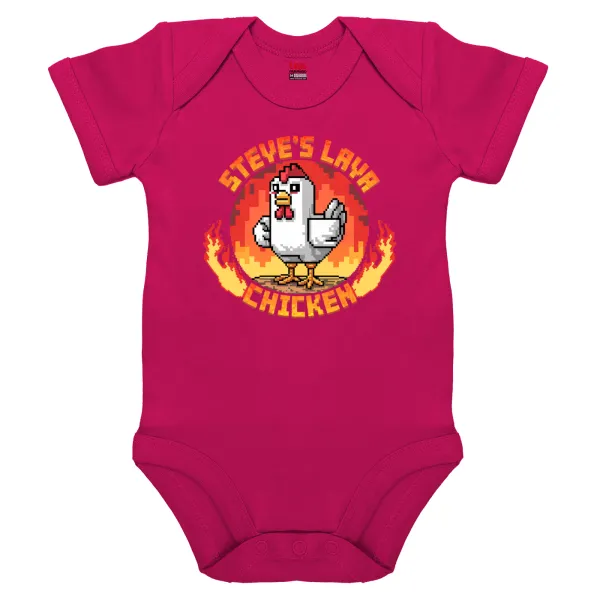 Steve's Lava Chicken — Short-sleeve baby bodysuit, 0-18 months, PINK, 100% organic cotton