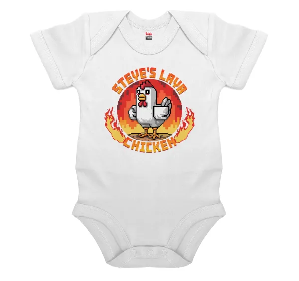 Steve's Lava Chicken — Short-sleeve baby bodysuit, 0-24 months, WHITE, 100% organic cotton