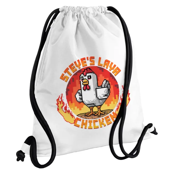 Steve's Lava Chicken — Backpack pouch GYMBAG white, with pocket (40x48cm) & thick cords