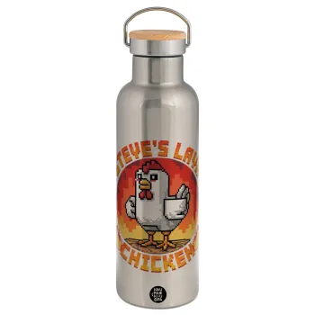 Steve's Lava Chicken, Μεταλλικό παγούρι θερμός (Stainless steel) Ασημένιο με ξύλινο καπακι (bamboo), διπλού τοιχώματος, 750ml