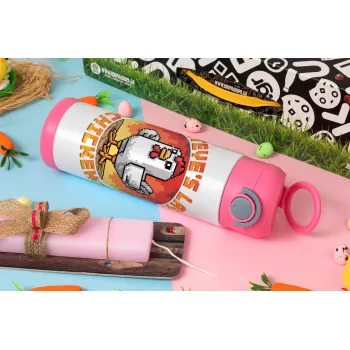 Steve's Lava Chicken, Easter candle, Childrens hot water bottle, stainless steel, with safety straw, PINK (500ml)