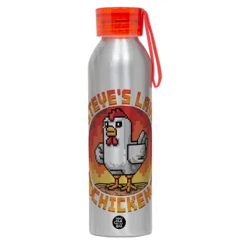 Steve's Lava Chicken, Αλουμινένιο Αθλητικό Μπουκάλι 650ml – Ασημί με Κόκκινο Καπάκι και Λουράκι Σιλικόνης