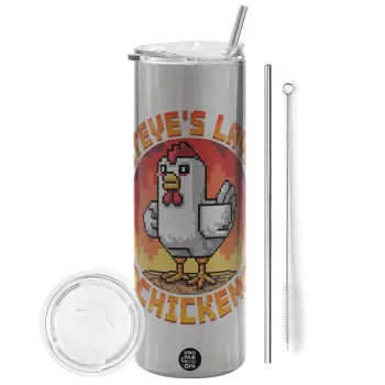 Steve's Lava Chicken, Tumbler ποτήρι θερμό Ασημένιο από ανοξείδωτο ατσάλι 600ml, με μεταλλικό καλαμάκι & βούρτσα καθαρισμού