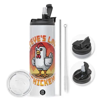 Steve's Lava Chicken, Travel Tumbler θερμό με διπλό καπάκι, μεταλλικό καλαμάκι και βούρτσα καθαρισμού (Ανωξείδωτο 304 Food grade, BPA free, 600ml)