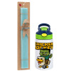 Easter Set, Children's thermal stainless steel bottle with safety straw, green/blue (350ml) & aromatic flat Easter candle (30cm) (TURQUOISE)