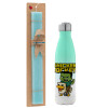 Easter Set, Metallic green/white thermos (Stainless steel), double-walled, 500ml & scented flat Easter candle (30cm) (TURQUOISE)