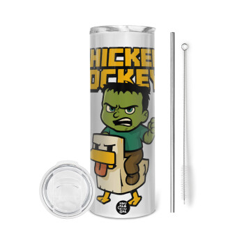 Chicken Jockey, Tumbler ποτήρι θερμό από ανοξείδωτο ατσάλι 600ml, με μεταλλικό καλαμάκι & βούρτσα καθαρισμού