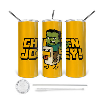 Chicken Jockey, Tumbler ποτήρι θερμό από ανοξείδωτο ατσάλι 600ml, με μεταλλικό καλαμάκι & βούρτσα καθαρισμού