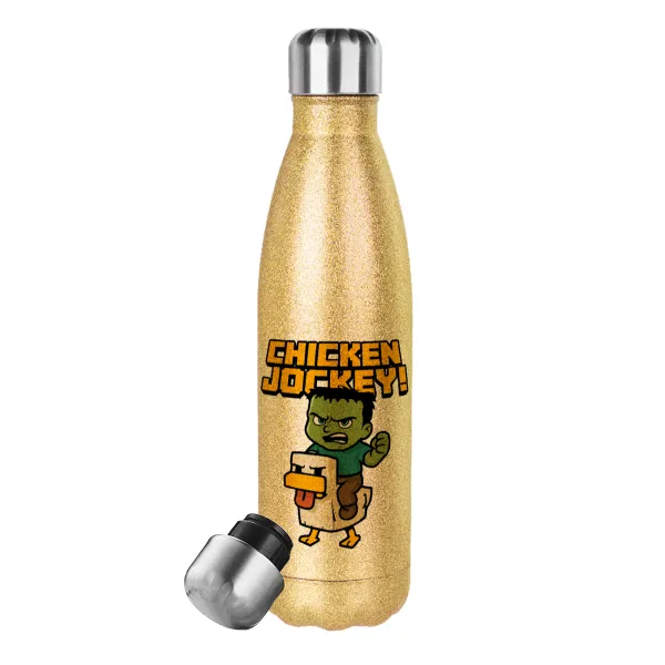 Chicken Jockey — Glitter gold stainless steel thermos bottle, double-walled, 500ml
