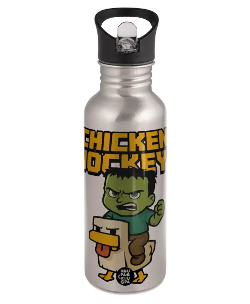 Chicken Jockey — Water bottle Silver with straw, stainless steel 600ml