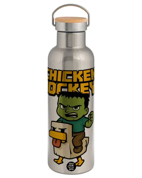 Chicken Jockey — Stainless steel Silver with wooden lid (bamboo), double wall, 750ml