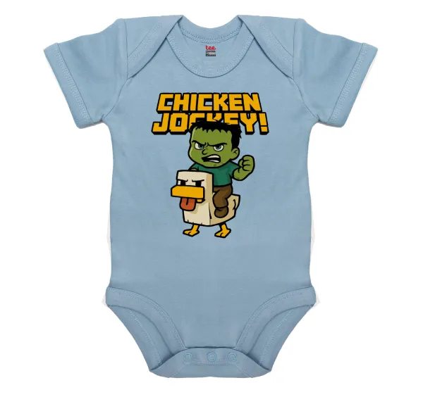 Chicken Jockey — Short-sleeve baby bodysuit, 0-18 months, blue, 100% organic cotton