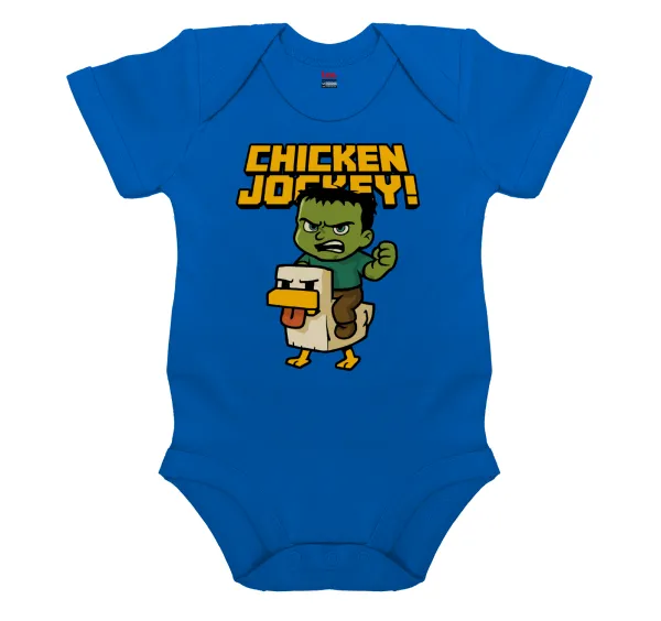 Chicken Jockey — Short-sleeve baby bodysuit, cobalt blue, 100% organic cotton