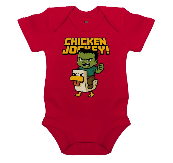 Chicken Jockey — Short-sleeve baby bodysuit, RED, 100% organic cotton