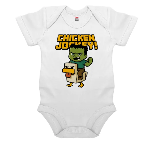 Chicken Jockey — Short-sleeve baby bodysuit, 0-24 months, WHITE, 100% organic cotton