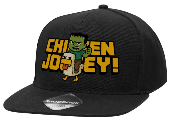 Chicken Jockey — Adult Flat Snapback Hat Black, (100% COTTON TWILL, ADULT, UNISEX, ONE SIZE)