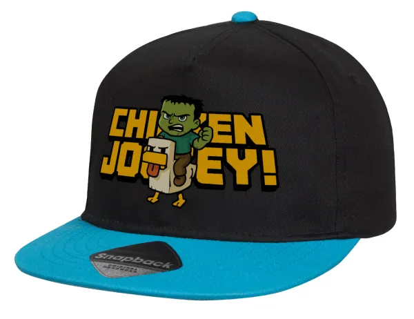 Chicken Jockey — Child's Flat Snapback Hat, Black/Blue (100% COTTON, CHILD, UNISEX, ONE SIZE)