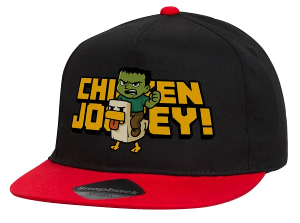 Chicken Jockey — Children's Flat Snapback Hat, Black/Red (100% COTTON, CHILDREN'S, UNISEX, ONE SIZE)