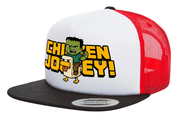 Chicken Jockey — Adult Foam Flat Snapback with Mesh Black-White-Red (POLYESTER, ADULT, UNISEX, ONE SIZE)