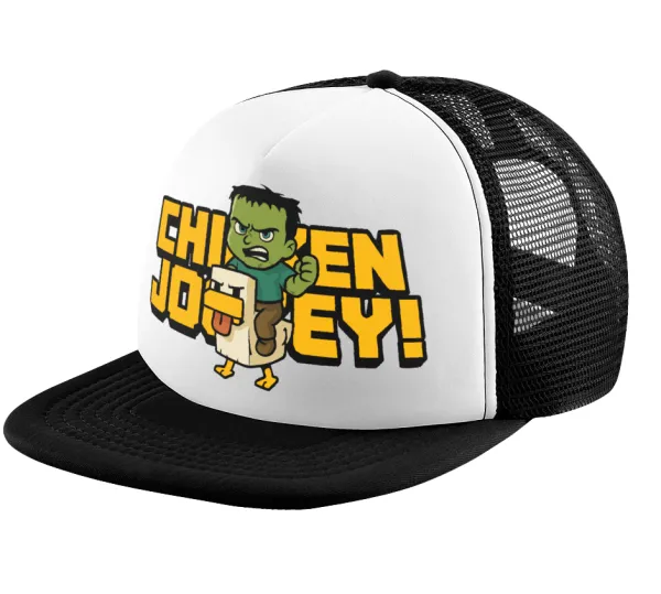 Chicken Jockey — Adult Soft Trucker Hat with Black/White Mesh (POLYESTER, ADULT, UNISEX, ONE SIZE)