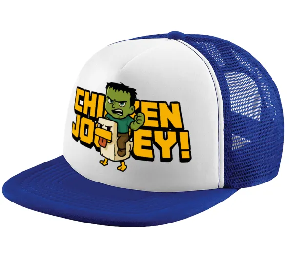 Chicken Jockey — Adult Soft Trucker Hat with Blue/White Mesh (POLYESTER, ADULT, UNISEX, ONE SIZE)
