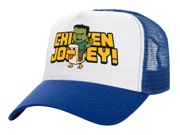 Chicken Jockey — Adult Structured Trucker Hat, with Mesh, WHITE/BLUE (100% COTTON, ADULT, UNISEX, ONE SIZE)