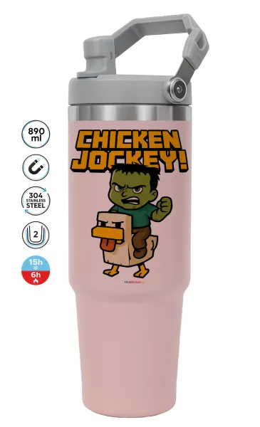 Chicken Jockey — ΡΟΖ Travel Tumbler Θερμός με χερούλι και καλαμάκι 890ml