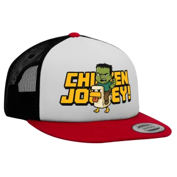 Chicken Jockey, Καπέλο Ενηλίκων Foam Flat Snapback με Δίχτυ Κόκκινο-Λευκό-Μαύρο (POLYESTER, ΕΝΗΛΙΚΩΝ, UNISEX, ONE SIZE)