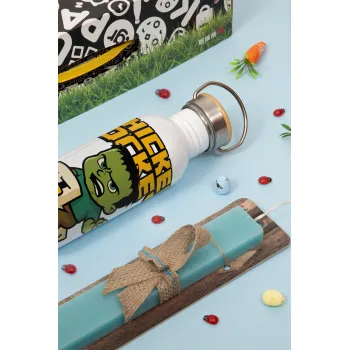 Chicken Jockey, Easter Set, metallic silver aluminum water bottle (500ml) & scented flat Easter candle (30cm) (TURQUOISE)