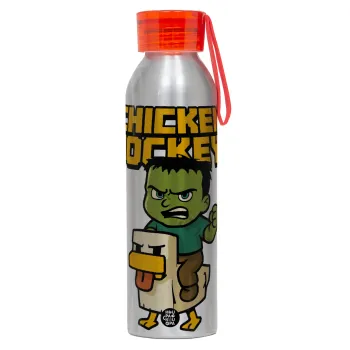 Chicken Jockey, Αλουμινένιο Αθλητικό Μπουκάλι 650ml – Ασημί με Κόκκινο Καπάκι και Λουράκι Σιλικόνης