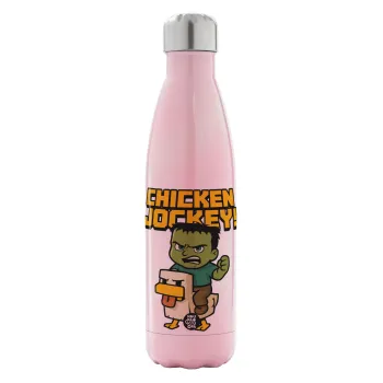 Chicken Jockey, Μεταλλικό παγούρι θερμός Ροζ Ιριδίζον (Stainless steel), διπλού τοιχώματος, 500ml