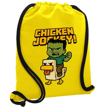 Chicken Jockey, Τσάντα πλάτης πουγκί GYMBAG Κίτρινη, με τσέπη (40x48cm) & χονδρά κορδόνια