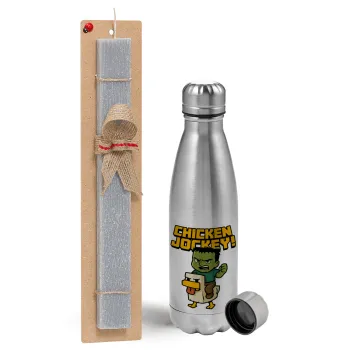 Chicken Jockey, Easter Set, metallic Inox water bottle (750ml) & aromatic flat Easter candle (30cm) (GRAY)
