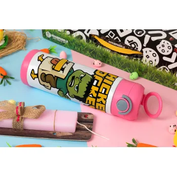 Chicken Jockey, Πασχαλινή Λαμπάδα με Παιδικό παγούρι θερμό, ανοξείδωτο, με καλαμάκι ασφαλείας, ΡΟΖ (500ml)