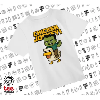Chicken Jockey, Άνετο παιδικό T-Shirt ΛΕΥΚΟ από 100% βαμβάκι, για κάθε μέρα. Vegan & OEKO-TEX πιστοποιημένο.