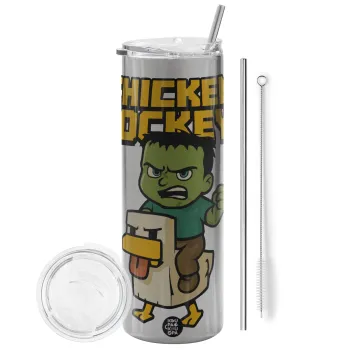 Chicken Jockey, Tumbler stainless steel Silver 600ml, with metal straw & cleaning brush