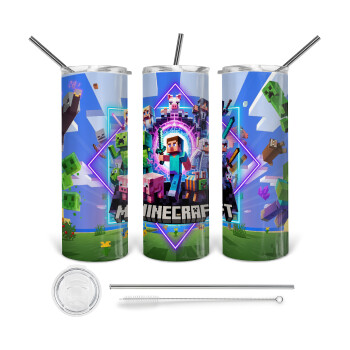 Minecraft Nether Portal, Tumbler ποτήρι θερμό από ανοξείδωτο ατσάλι 600ml, με μεταλλικό καλαμάκι & βούρτσα καθαρισμού