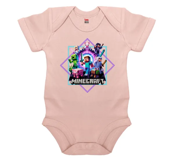 Minecraft Nether Portal — Short-sleeve baby bodysuit, 0-18 months, POWDER PINK, 100% organic cotton