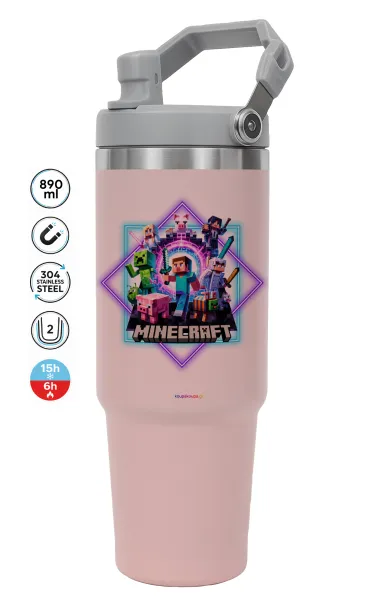 Minecraft Nether Portal — PINK Travel Tumbler with Handle 890ml